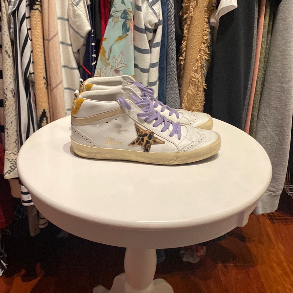 Golden Goose high top sneaker, Oxford style with cheetah print star.